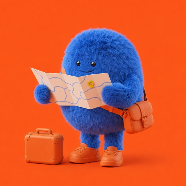 Spot planning a conference trip with a map and suitcase