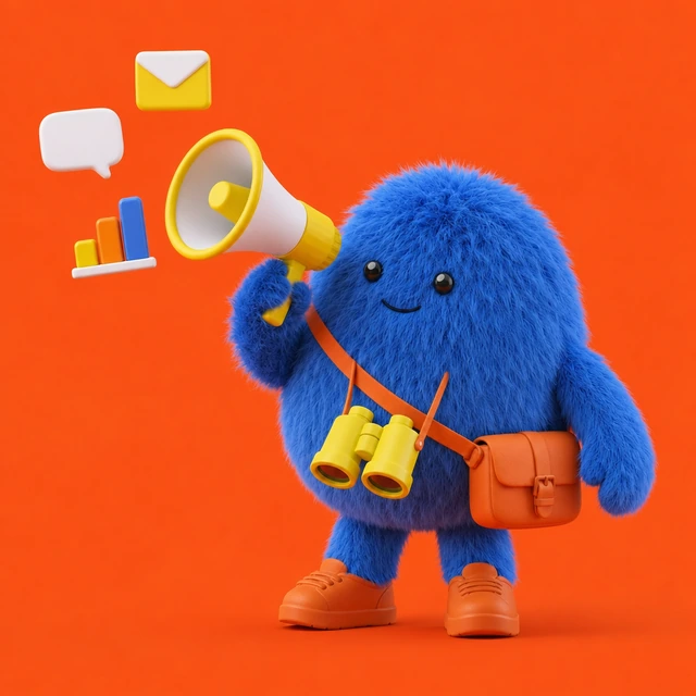 Spot with a megaphone, email, conversation and analytics icons.