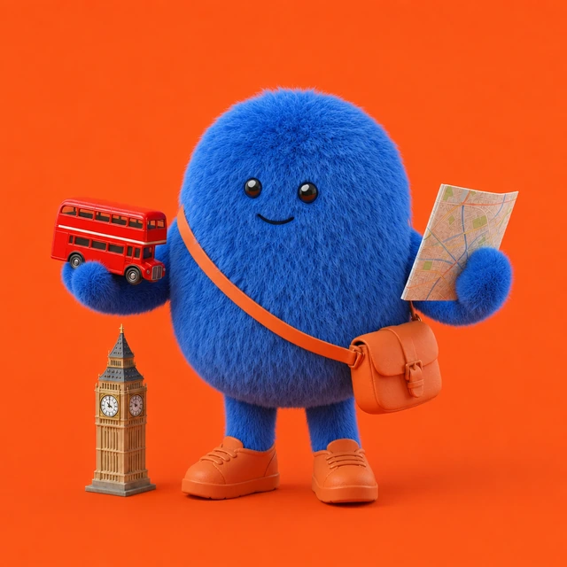 Spot holding a red London bus and a city map beside a Big Ben miniature.