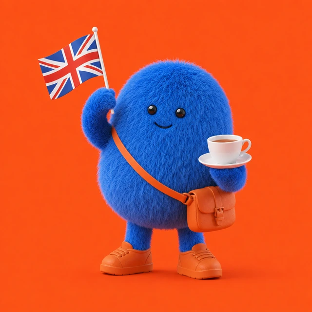 Spot waving a Union Jack and holding a cup of tea.